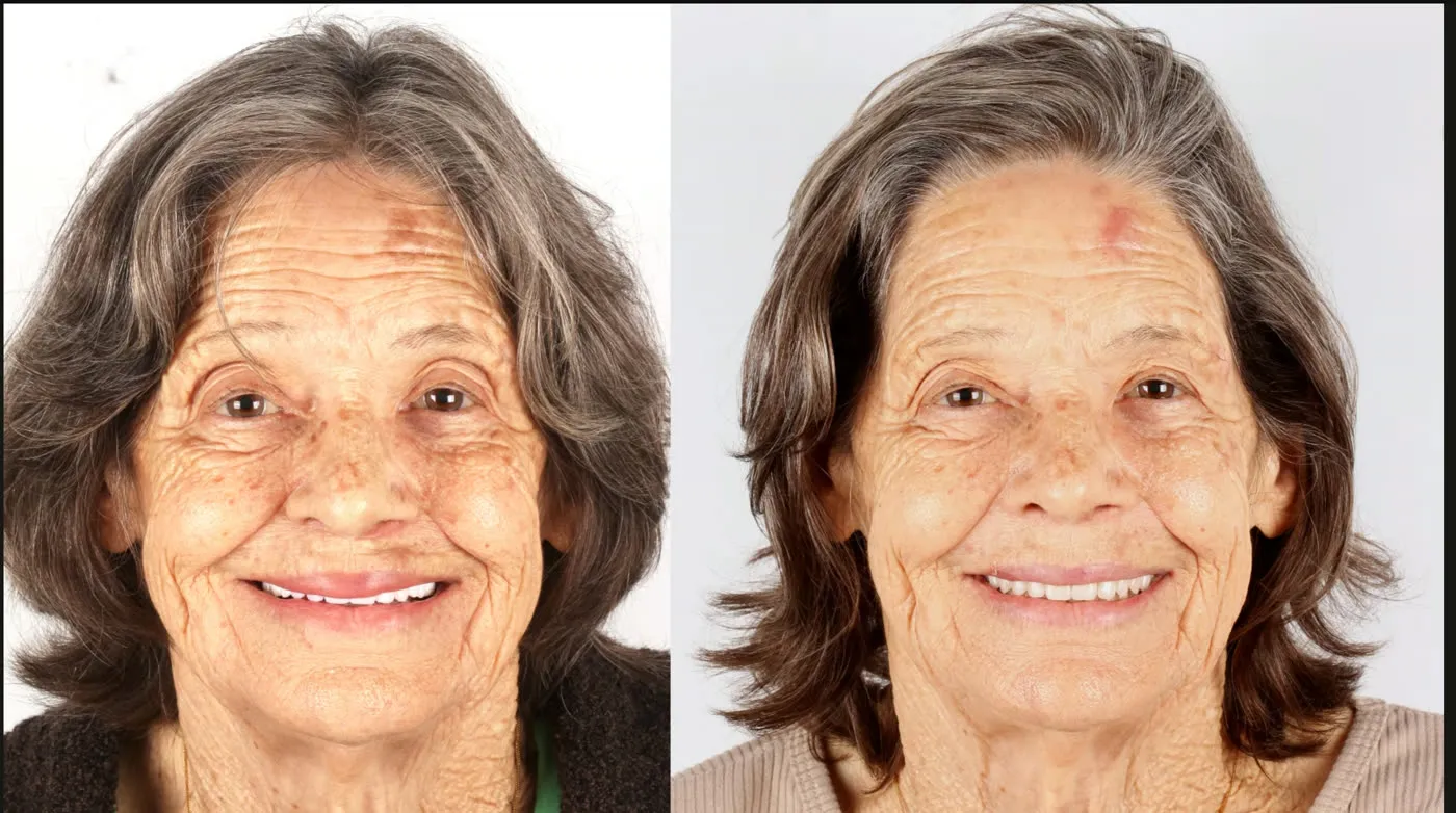 Before and after: woman rehabilitated with zygomatic implants and the FaceFirst approach — her lip and cheek supported again, smiling with fixed upper teeth