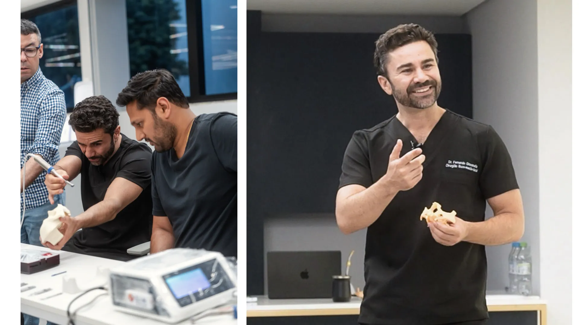 Dentistas praticando em modelo e o Dr. Fernando Giovanella explicando com o protótipo na mão